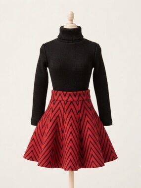 Candie's Red Black Chevron Zigzag Knit Skater Mini Skirt S Retro Back to School